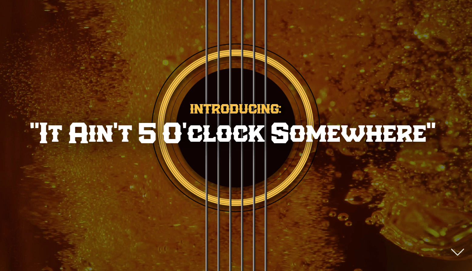 Promotional graphic with the text 'Introducing: "It Ain't 5 O'Clock Somewhere"' over an image of a beer glass with visible bubbles and a guitar's sound hole and strings superimposed on the front.